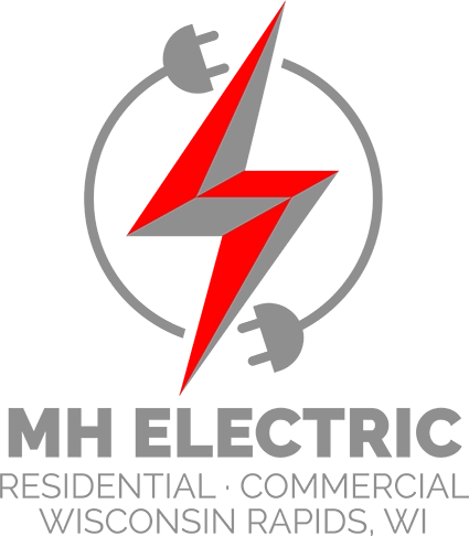 A red lightning bolt over gray, hinting at electrical work in Wisconsin Rapids.
